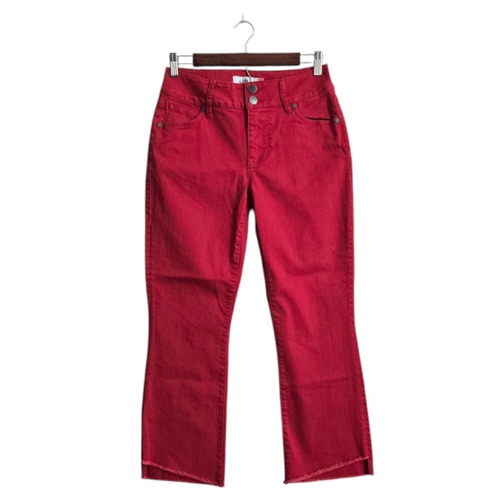 Cabi Hi-Low Mid-Rise Cropped Jeans In Red Sz 4
